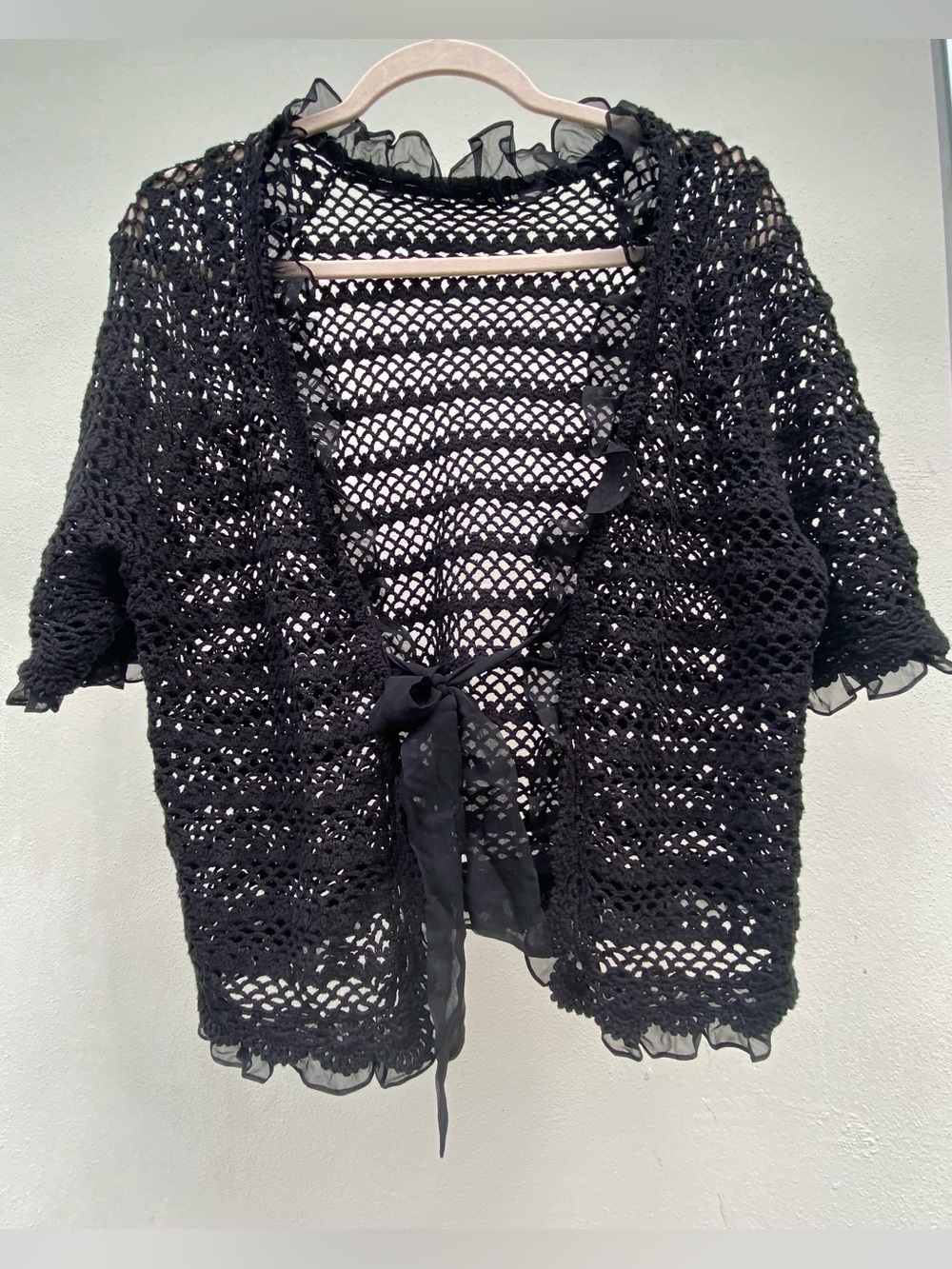 Y2K Whimsygoth Black Crochet & Silk Ruffle Cardigan Size L/XL